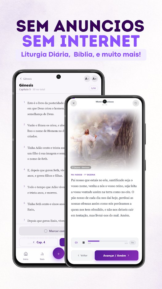 Imagem oficial mostrando leitura da Bíblia e oração do Rosário no Catolicando