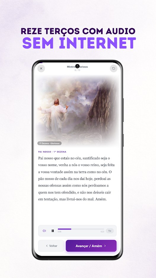 Imagem oficial do Rosário com texto e controles de áudio