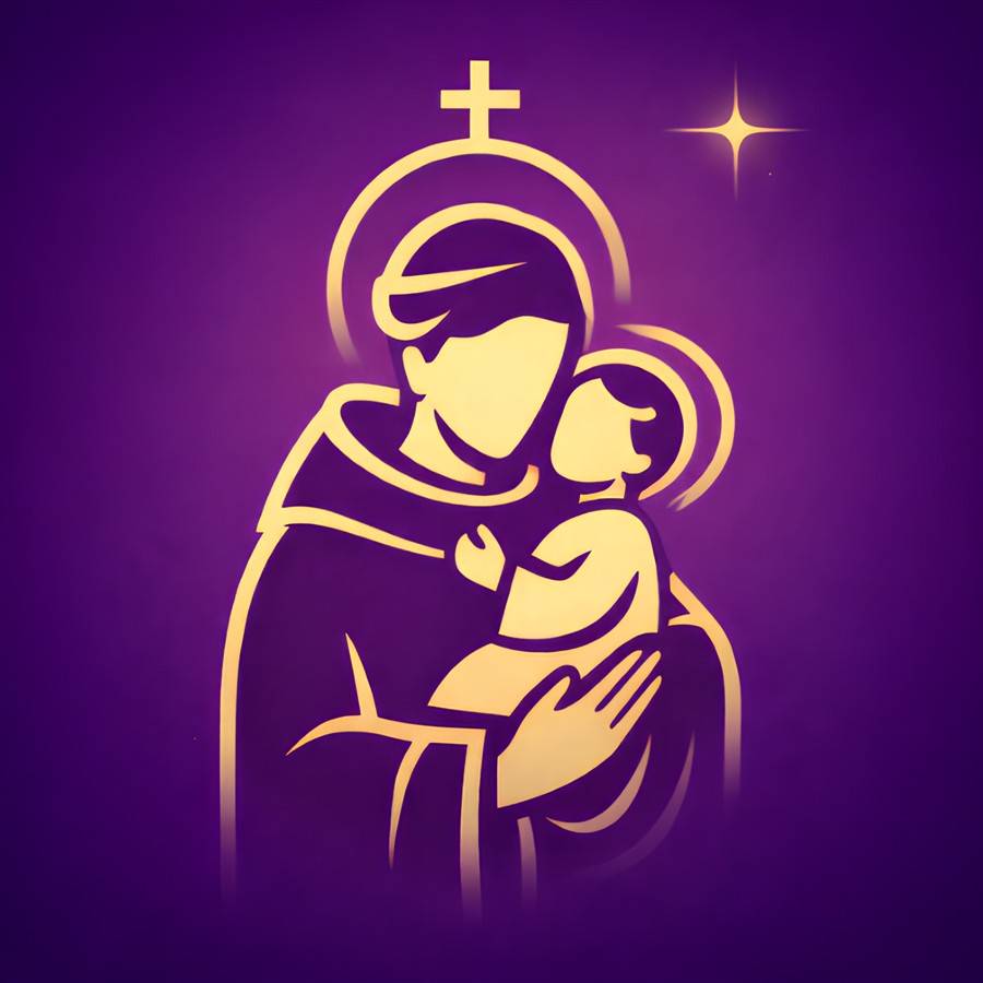 Santo Antônio com o Menino Jesus, em dourado sobre fundo roxo